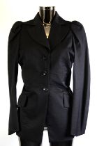 VIVIENNE WESTWOOD: Black virgin wool short lapel dress jacket with puffy shoulders, size 12
