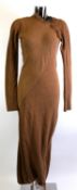 VIVIENNE WESTWOOD GOLD LABEL: Brown virgin wool bland full-length off-the-shoulder figure hugging