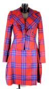 VIVIENNE WESTWOOD ANGLOMANIA: Red and blue plaid virgin wool skirt suit, with kilt skirt and belt,