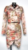 VIVIENNE WESTWOOD RED LABEL: Worn floral photograph print fabric skirt suit with double breasted