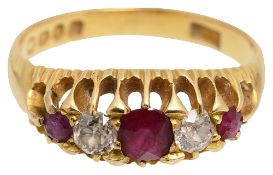 An Edwardian ruby and diamond five stone 18ct yellow gold ring