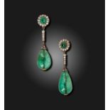 A pair of Victorian emerald and diamond-set ear pendants