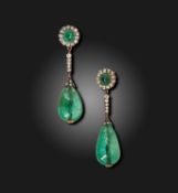 A pair of Victorian emerald and diamond-set ear pendants