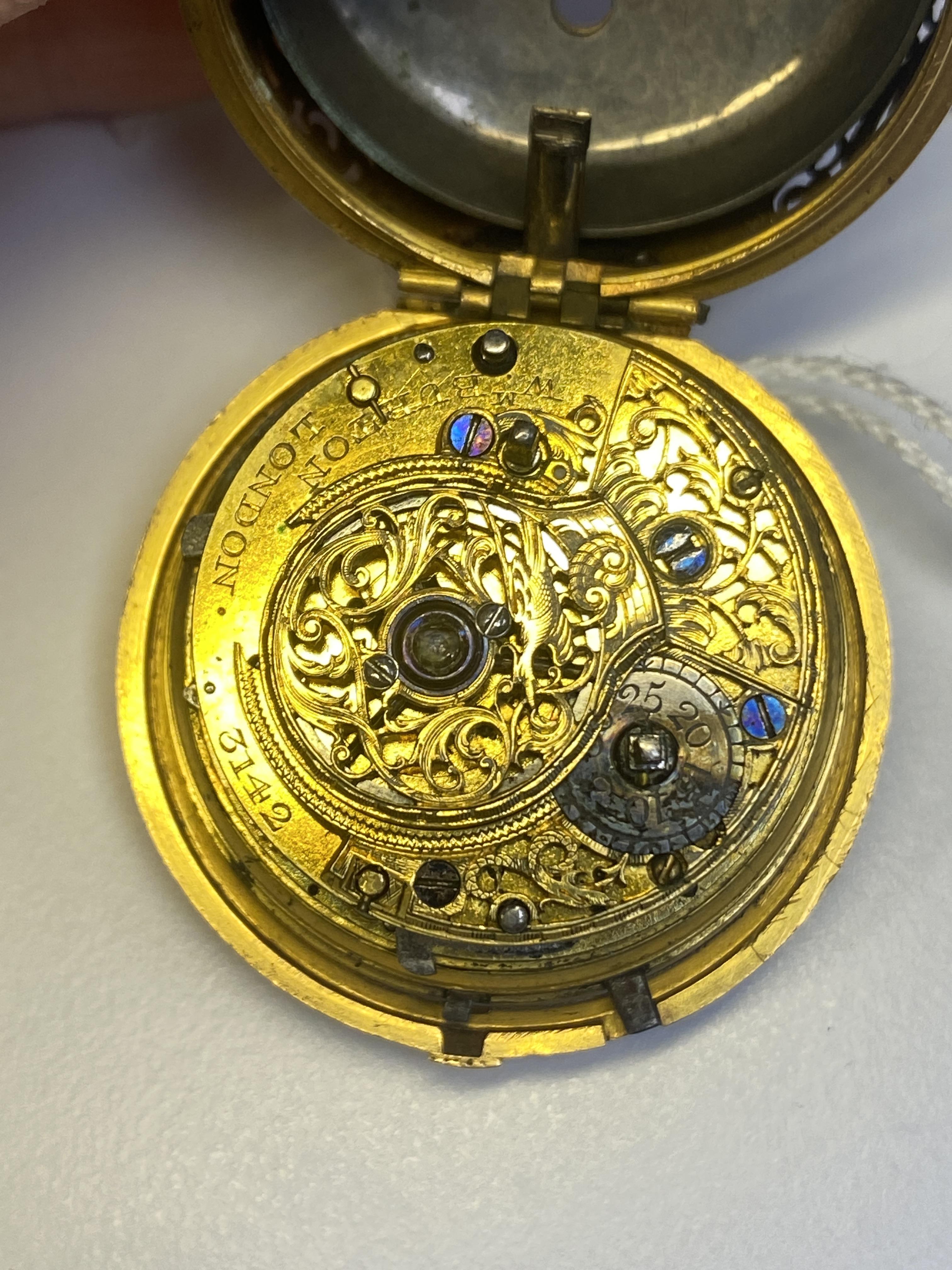 A mid 18th century gold pair case quarter repeating verge fusee pocket watch by William Burton - Image 7 of 7