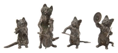 A modern novelty cast silver four piece cat orchestra