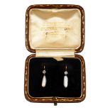 A pair of Edwardian freshwater pearl and diamond ear pendants