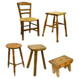 A Victorian alder and ash stool, a child's chair and three other stools