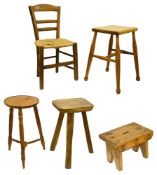 A Victorian alder and ash stool, a child's chair and three other stools