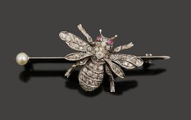 A diamond-set and pearl bee bar brooch