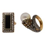 A baroque cultured pearl and diamond-set ring