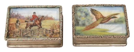 Two modern silver and painted guilloche enamel snuff boxes