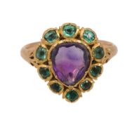 A late 18th century amethyst and emerald-set ring