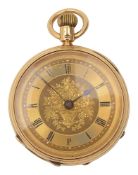 A Victorian 18ct gold open faced keyless pocket watch gilt engine turned and textured dial with bla