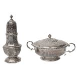 A George V silver bowl and cover and a sugar caster by Asprey