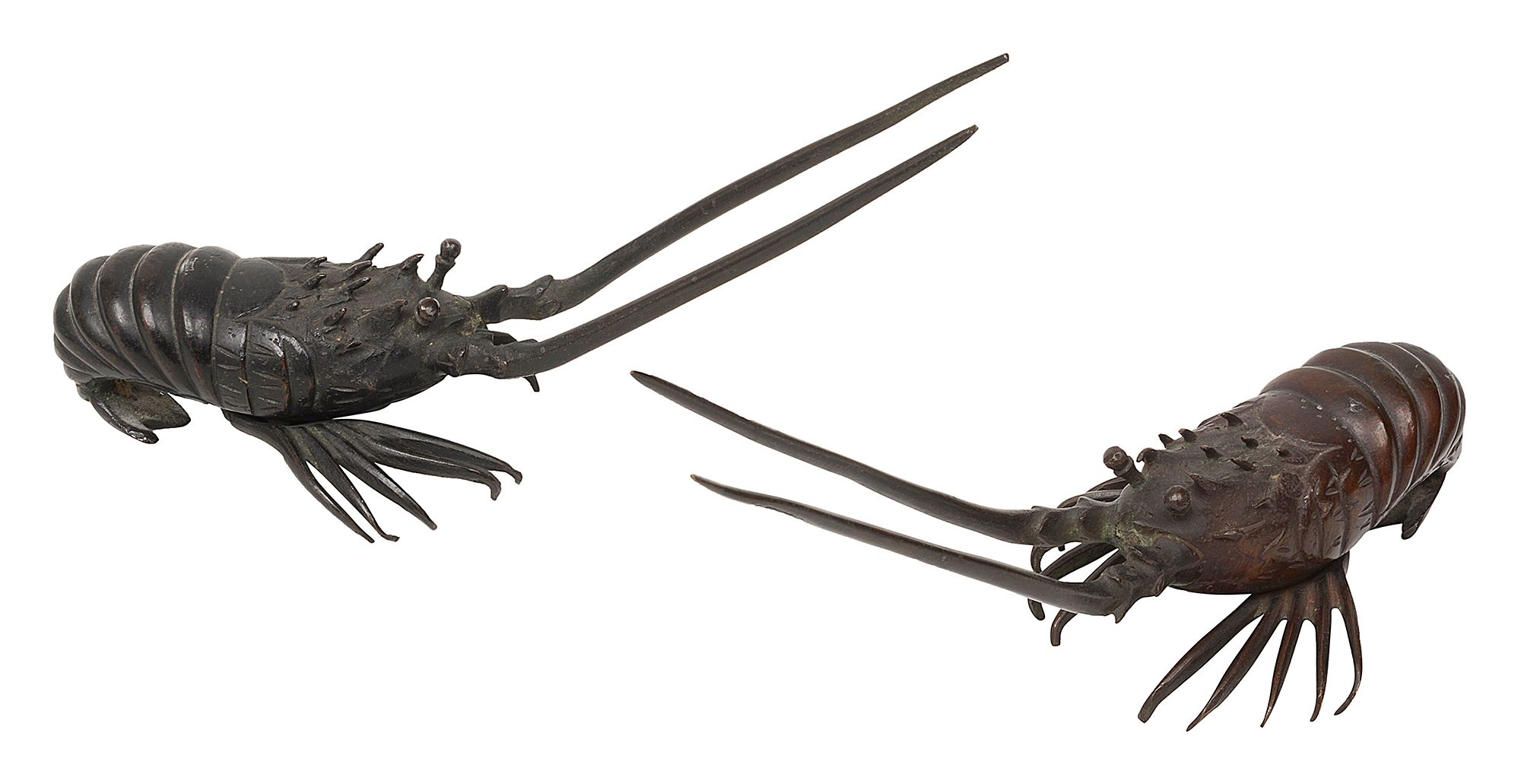 Two Japanese Meiji period patinated bronze okimono of crayfish