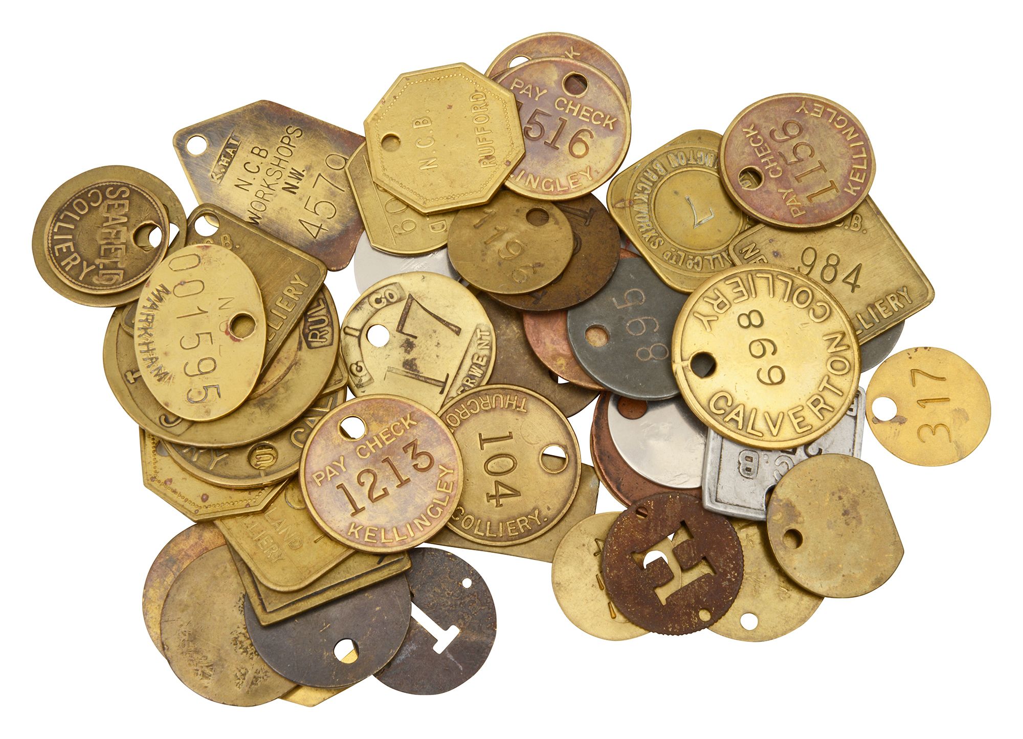 A collection of brass and white metal colliery pit mining tokens and checks