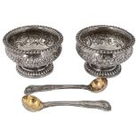 A pair George IV silver salts, a pair of George III Kings pattern salt spoons
