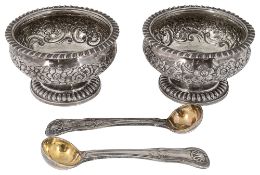 A pair George IV silver salts, a pair of George III Kings pattern salt spoons