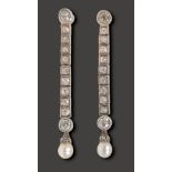 A pair of diamond and pearl ear pendants