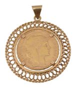 A gold mounted twenty franc pendant