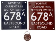 A pair of London Underground signs for rail section switch and Workman reminder