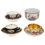 A Meissen cup and saucer, a KPM Berlin cup and saucer, a Dresden example and sugar basin