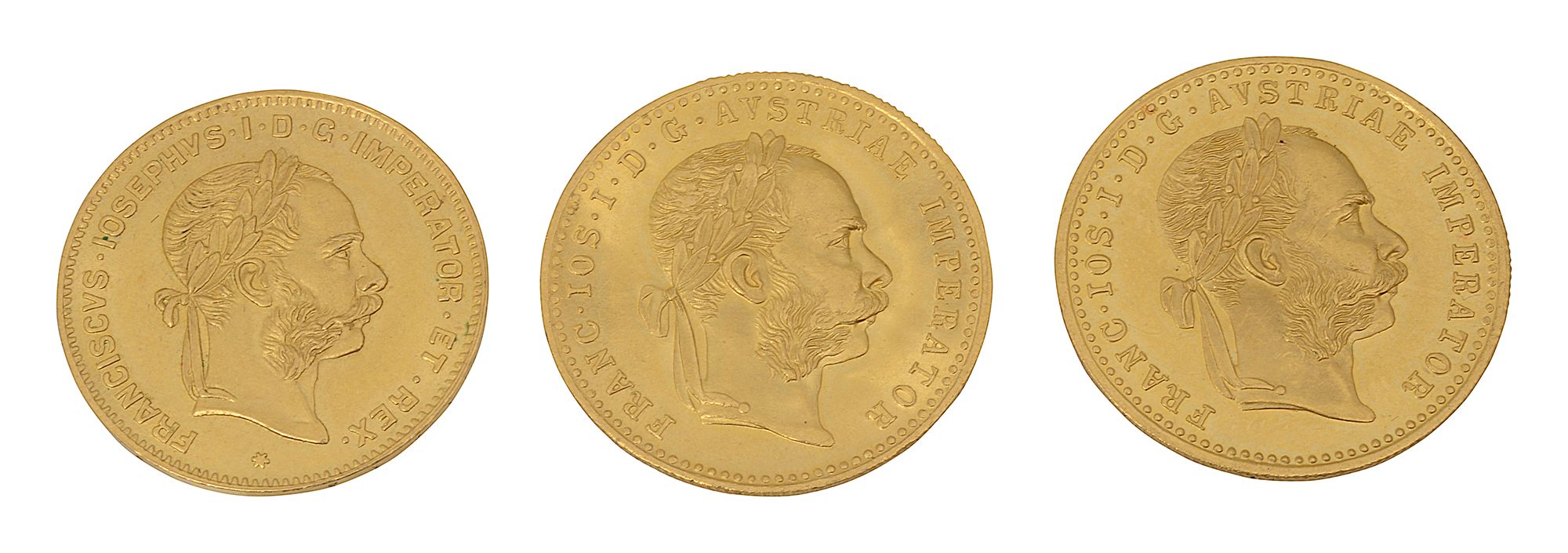 Three Austrian gold one ducat coins