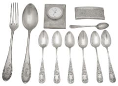 An Edwardian silver card case, a set of six .800 German teaspoons and other silver