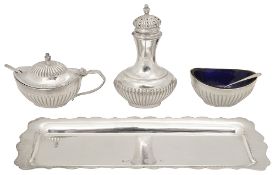 A modern silver three piece cruet set and tray