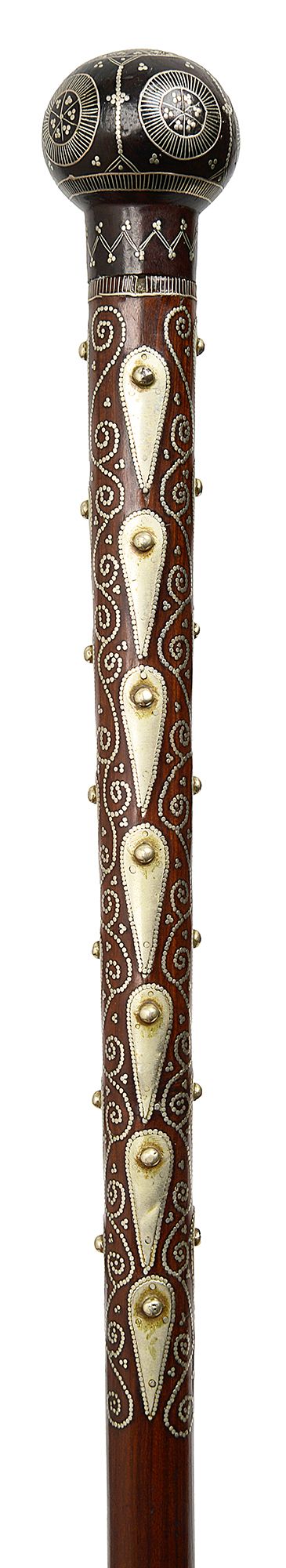 A 19th century Russian silver pique inlaid hardwood walking cane