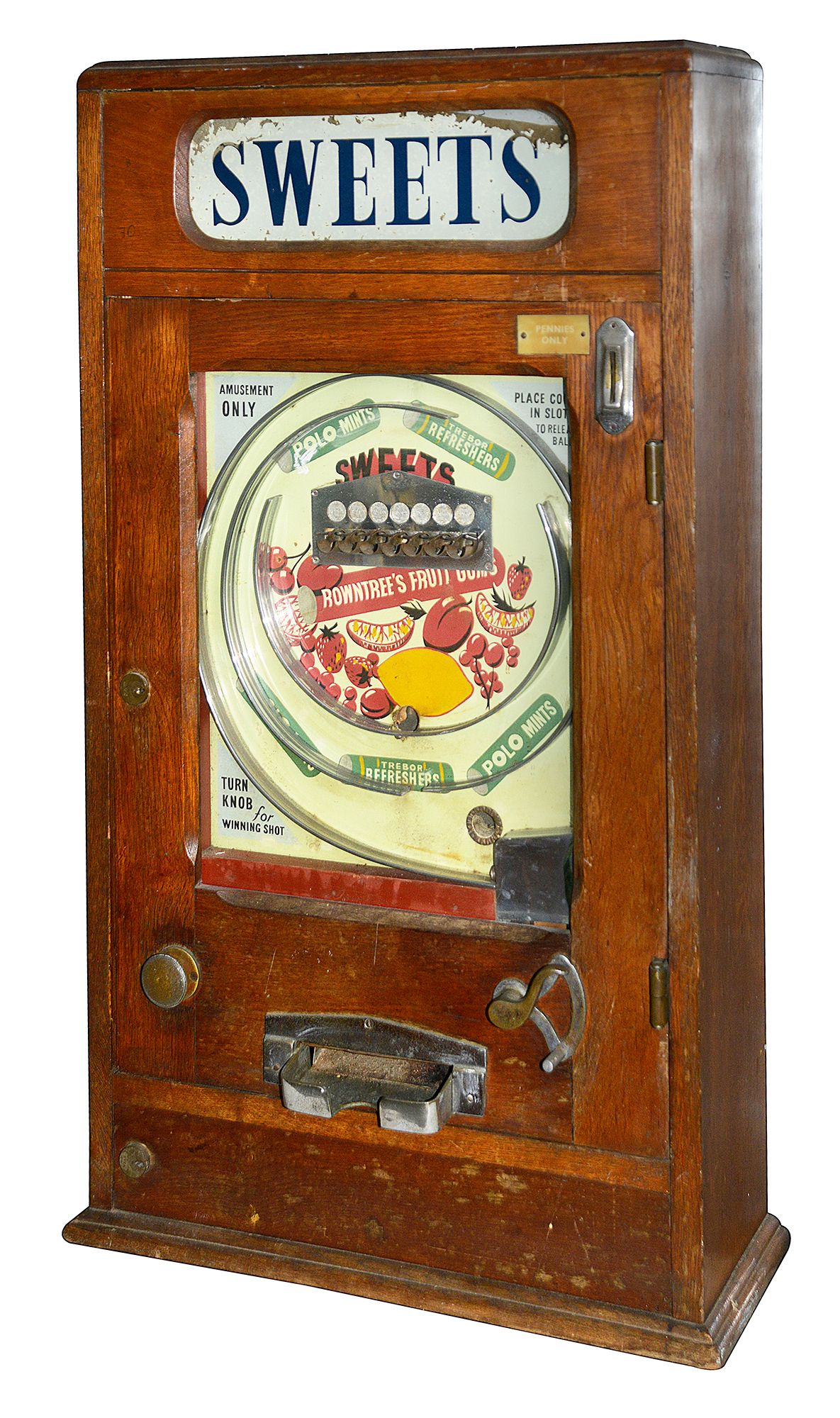 An oak cased hanging pinball machine