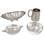 A George V sugar bowl, a quaich a christening mug and an Italian .800 dish (4)
