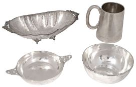 A George V sugar bowl, a quaich a christening mug and an Italian .800 dish (4)