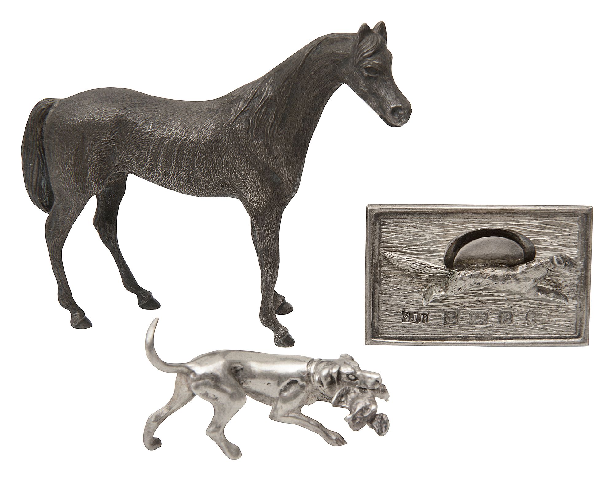 A modern novelty cast silver thoroughbred horse, a hunting dog and a fox card/menu holder