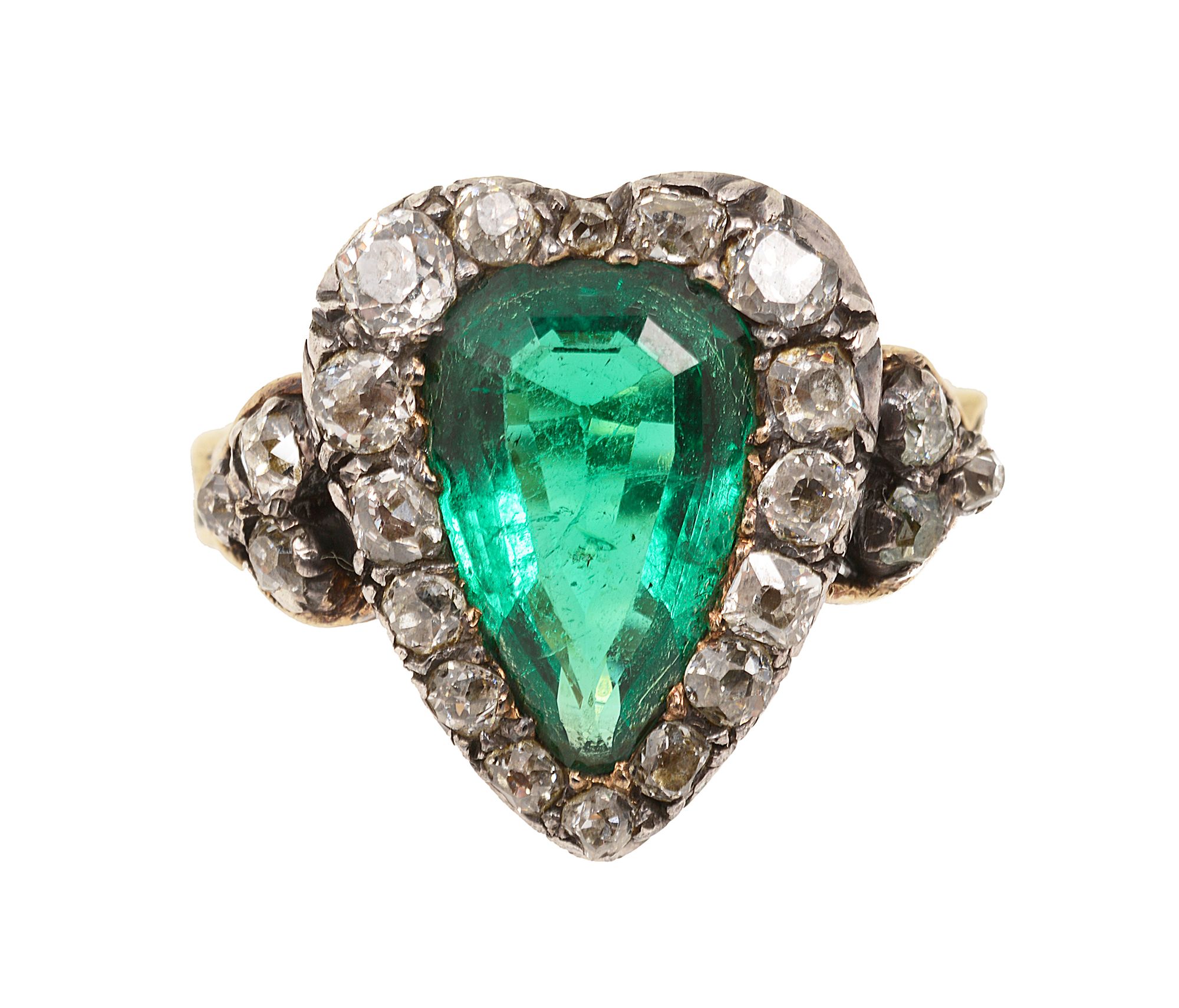 A late 18th/early 19th century emerald and diamond-set heart-shaped cluster ring