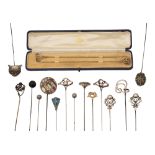 A collection of hat pins to include Art Nouveau Charles Horner examples