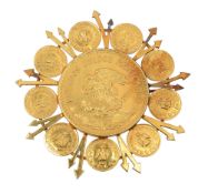 A Mexican gold coin starburst brooch