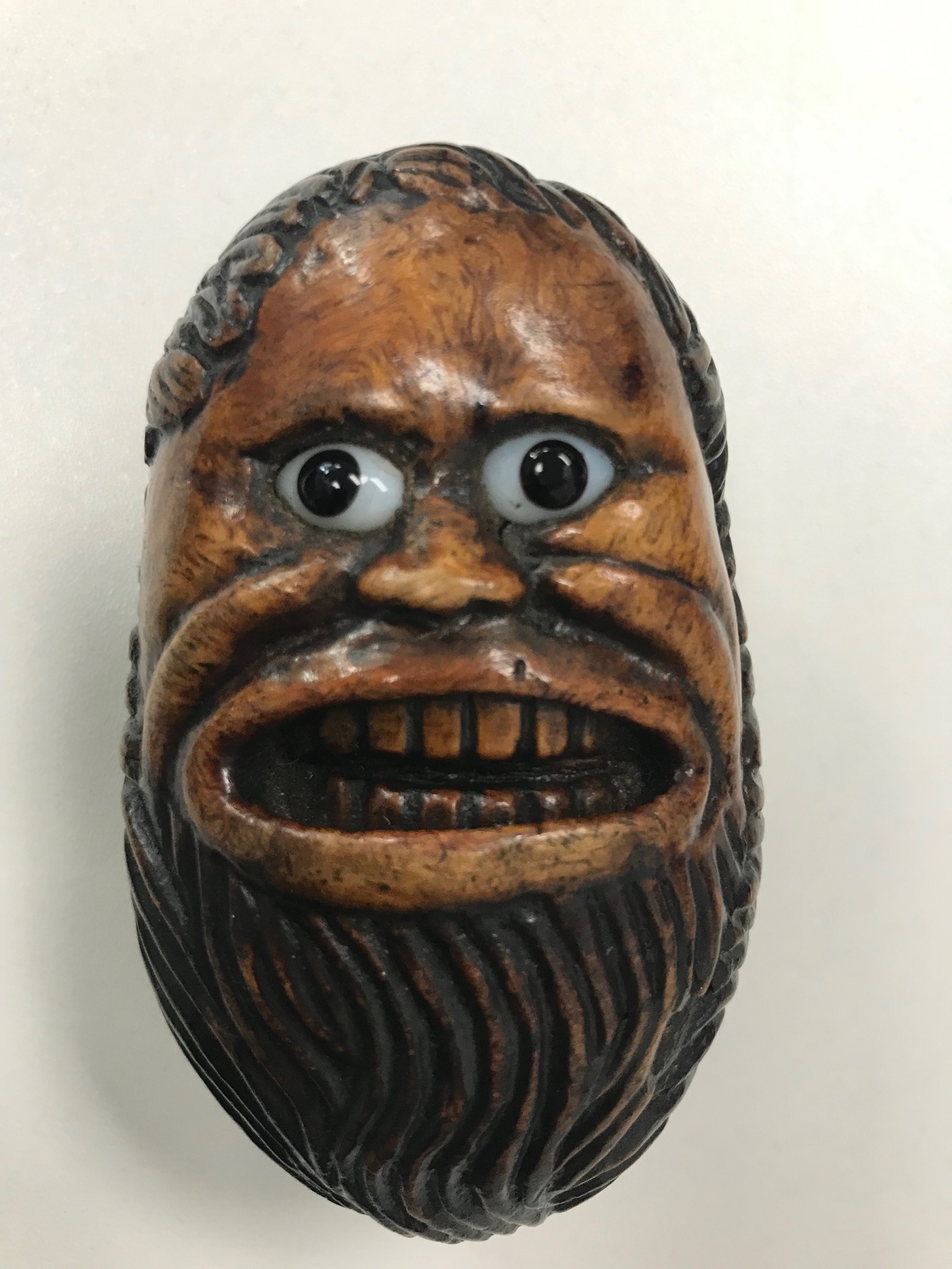 A 19th century treen burrwood snuff box carved as a bearded mans face - Image 6 of 6