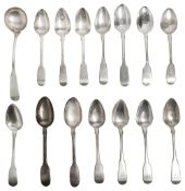 Assorted George IV and later silver, mostly fiddle pattern teaspoons