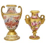 A porcelain twin handled vase and a smaller example, early 19th century