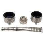 A pair of Persian silver salts, a Burmese Shan silver mounted Dha and a silver pill box