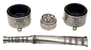 A pair of Persian silver salts, a Burmese Shan silver mounted Dha and a silver pill box