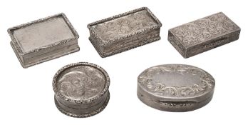 Five modern silver snuff and pill boxes