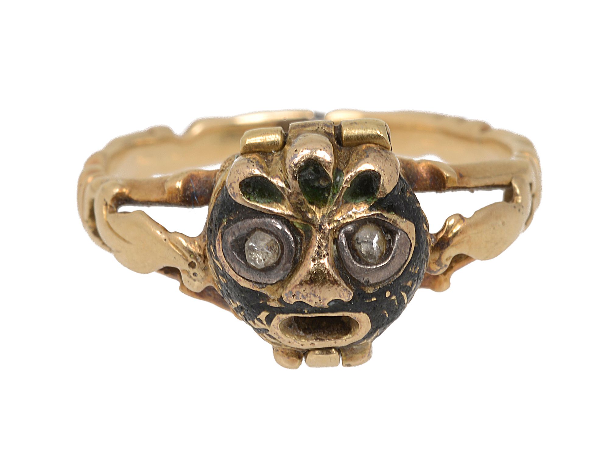 A yellow gold, enamel and diamond-set 'poison' memento mori ring