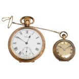 A lady's Swiss gold keyless fob watch c.1900 and a Waltham gold plated keyless pocket watch