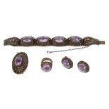 A Chinese silver filigree and cabochon amethyst demi parure of jewellery