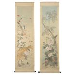 Two Japanese painted wall hangings