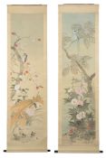 Two Japanese painted wall hangings