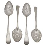 Two matched pairs George III silver later berried tablespoons
