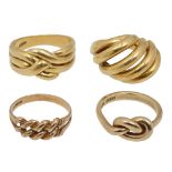 Four yellow gold twisted knot designed rings